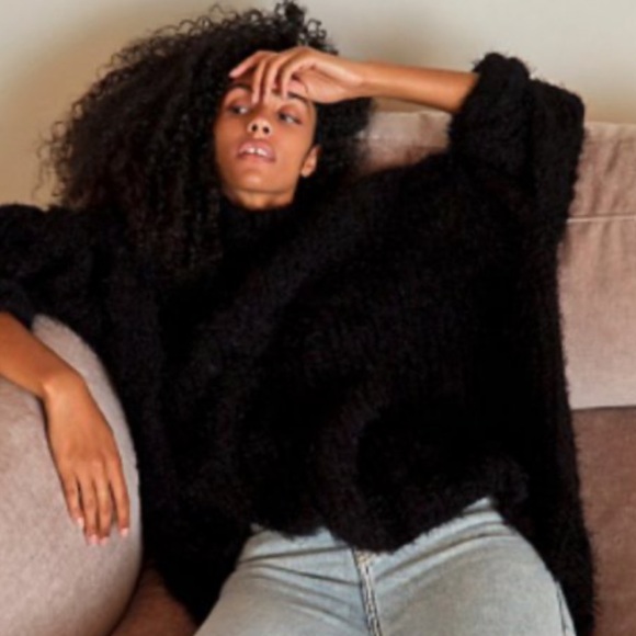 Free People Oasis Black Funnel Neck Eyelash Oversized Slouchy Sweater Tunic XL - Picture 2 of 15